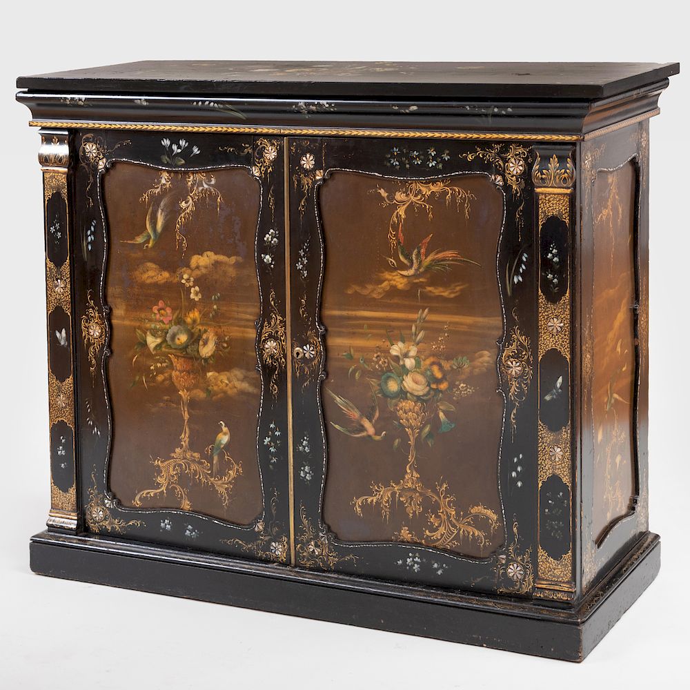 Appraisal: Victorian Black Lacquer Mother-of-Pearl Inlaid and Polychrome Painted Side Cabinet