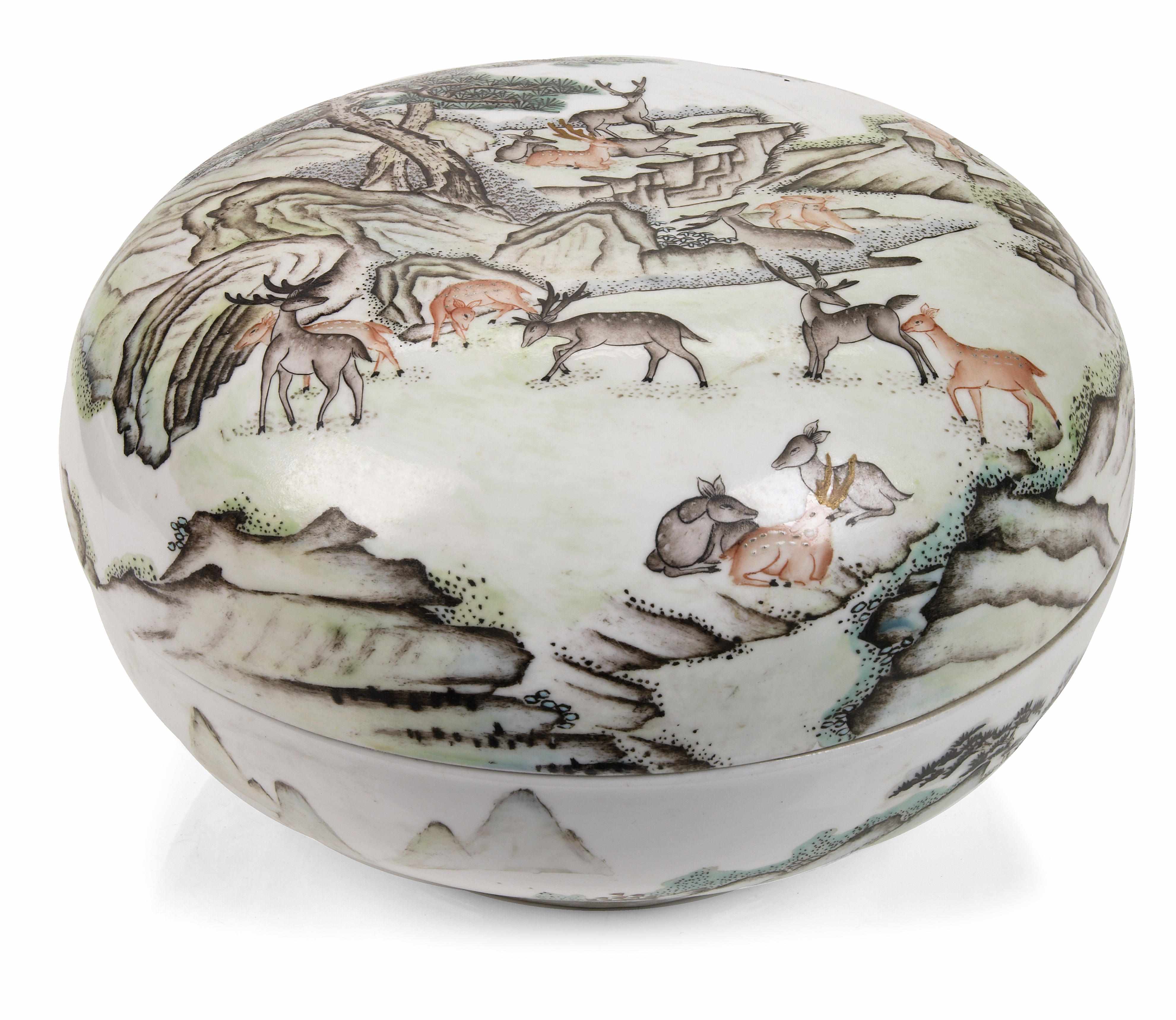 Appraisal: A Chinese polychrome porcelain covered circular box with deer in