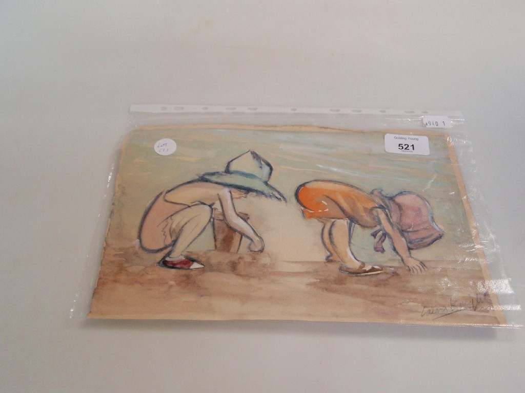 Appraisal: Style of Laura Knight Children on a beach watercolour bears