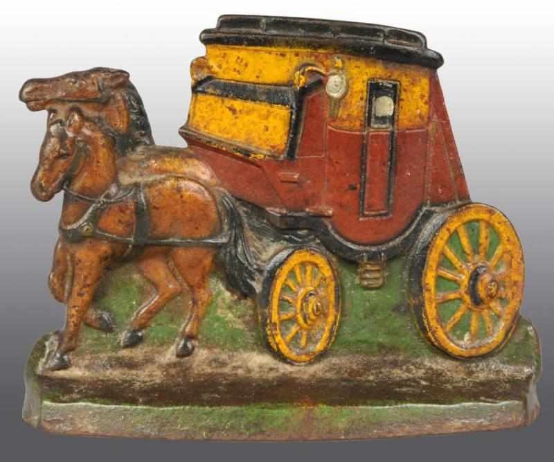 Appraisal: Cast Iron Horses with Stagecoach Doorstop Description Marked Pat Applied