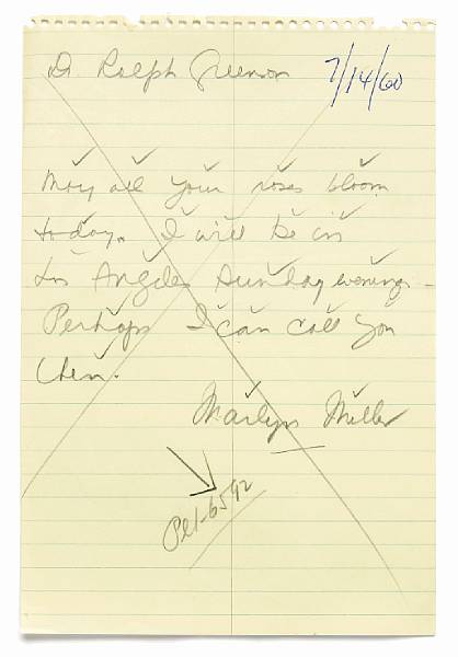 Appraisal: A Marilyn Monroe-dictated note for her psychiatrist A piece of