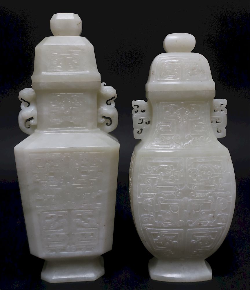 Appraisal: Chinese White Celadon Jade Covered Vases One octagonal the other