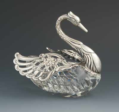 Appraisal: A French Sterling Silver and Cut Crystal Swan Master Salt