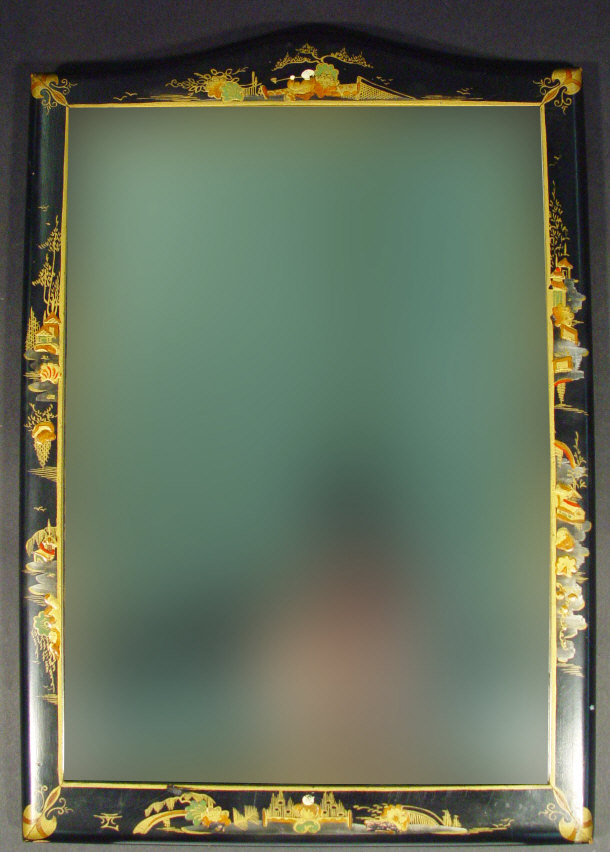 Appraisal: Rectangular bevel edged mirror in a black lacquered chinoiserie easel