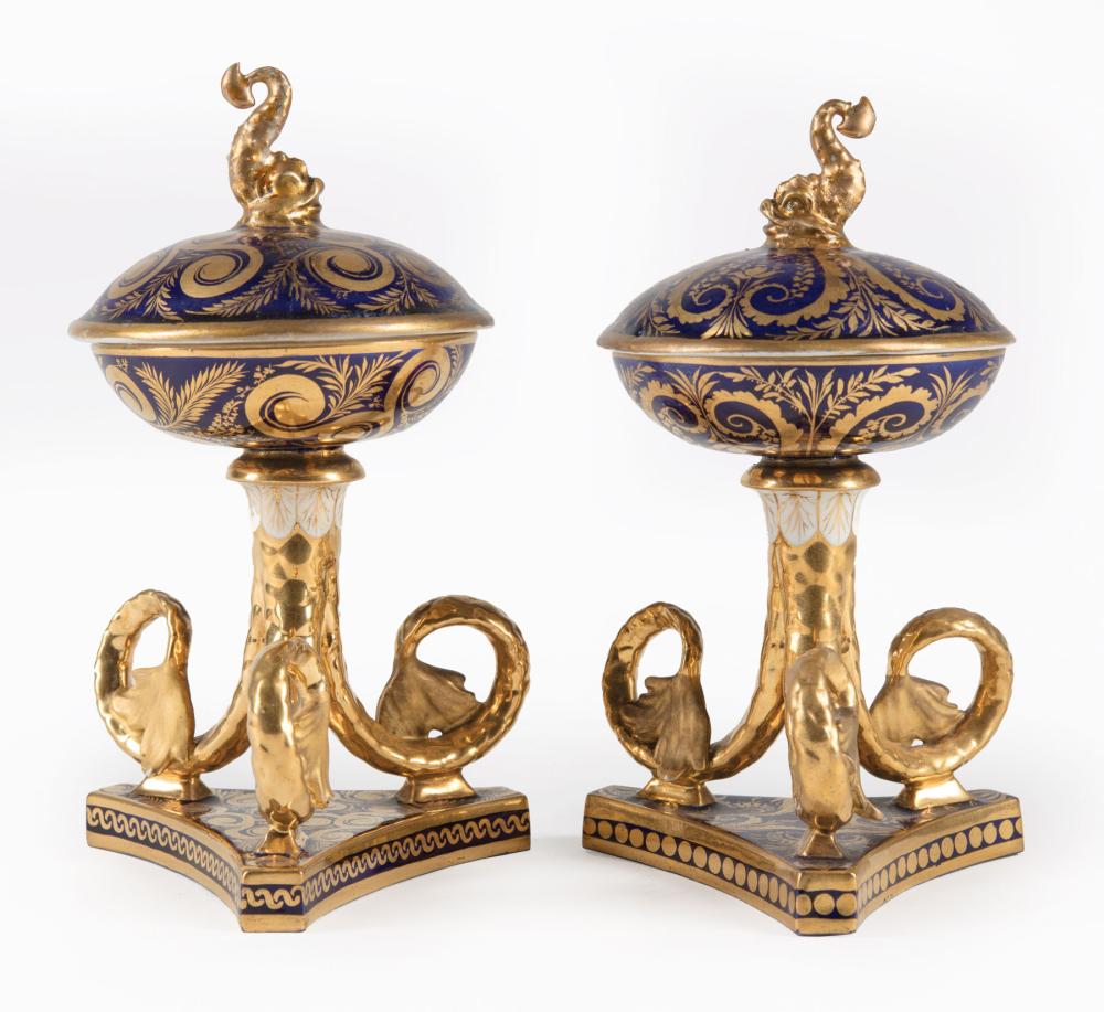 Appraisal: Pair of Derby Cobalt and Gilt-Decorated Porcelain Covered Master Salts