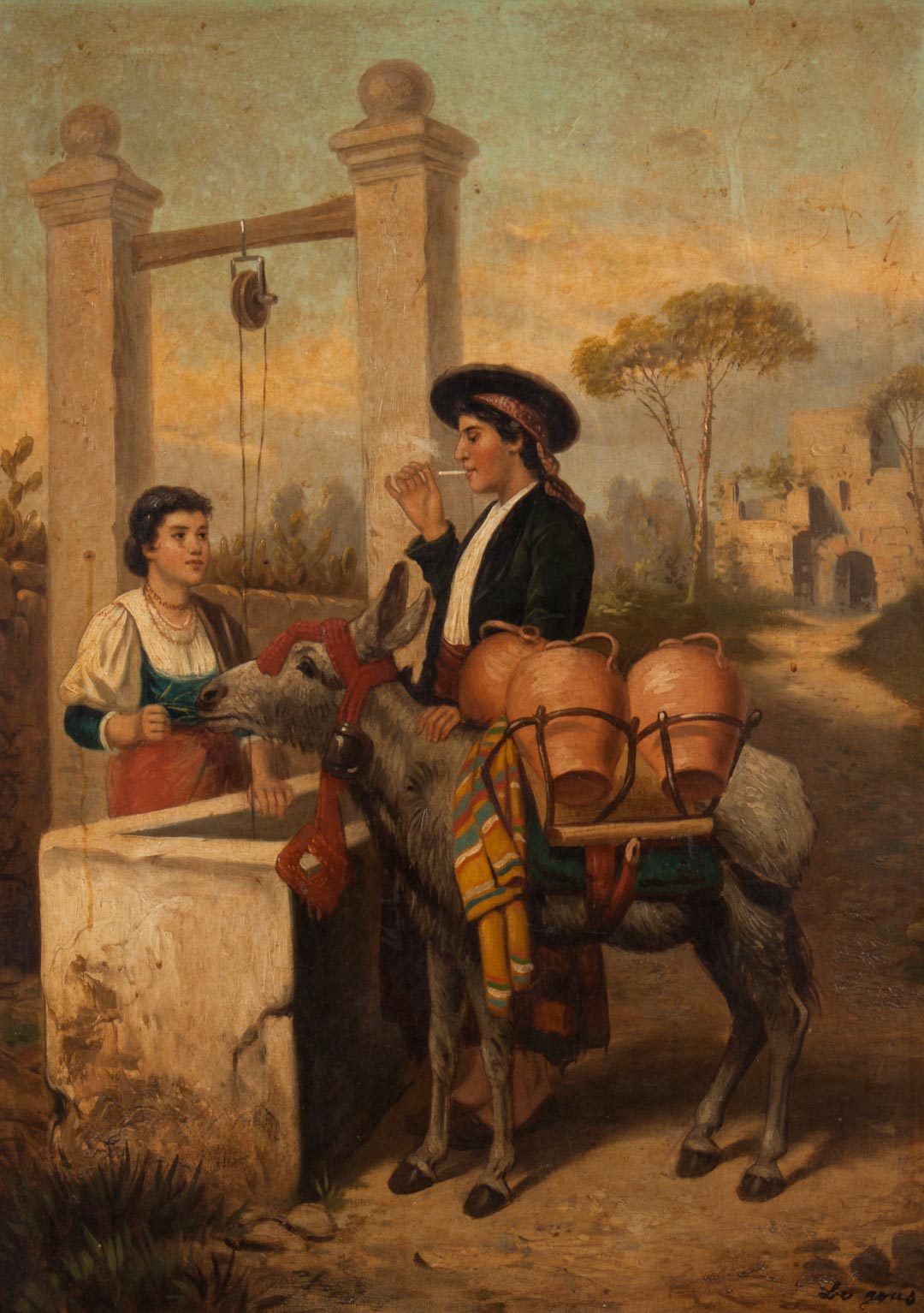 Appraisal: Le Gous Lovers at the Well oil on canvas Italian