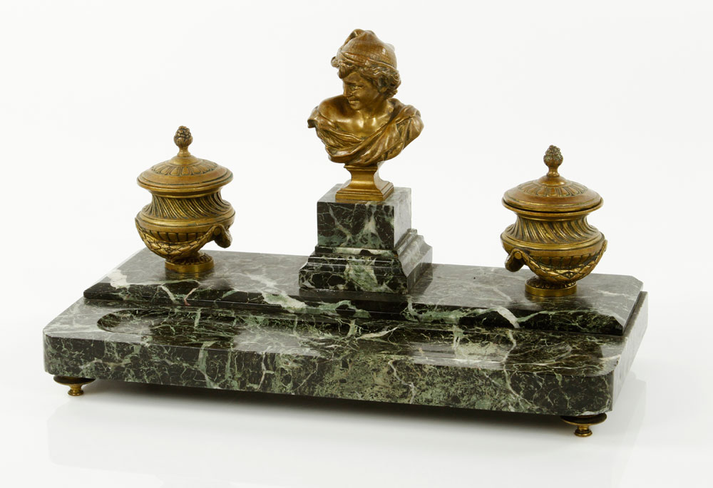 Appraisal: - th C Bronze and Marble Inkwell th century inkwell