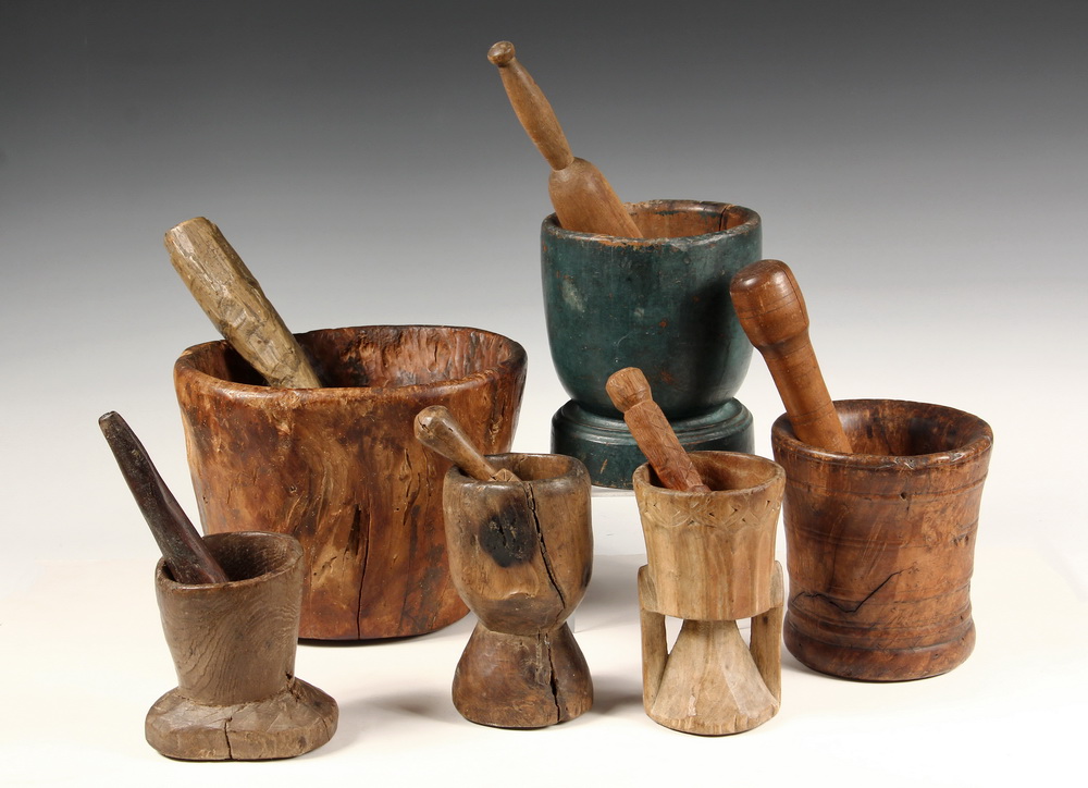 Appraisal: MORTAR PESTLE SETS - New England Primitive Carved Hardwood M