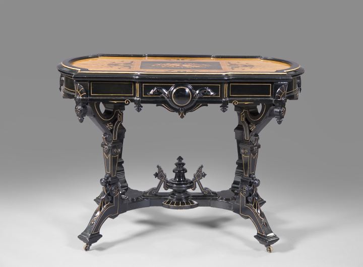 Appraisal: American Neo-Grec Marquetry-Inlaid Gilt-Incised and Ebonized Center Table late th