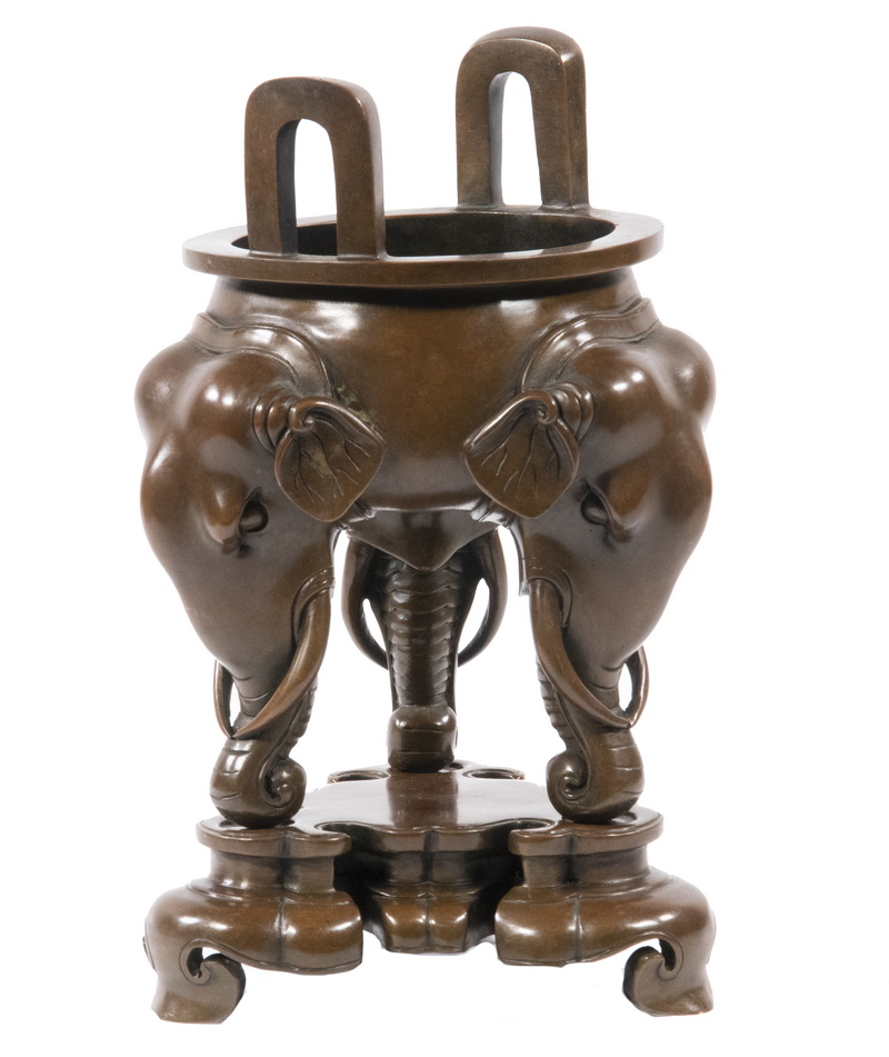 Appraisal: CHINESE BRONZE TRIPOD CENSER WITH BASE Bronze Censer with Elephant