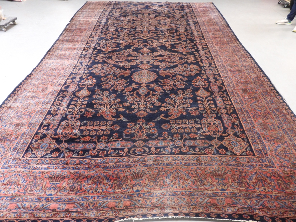 Appraisal: LARGE ANTIQUE BLUE SAROUK CARPET RUG PersiaCirca Repeating botanical tendril