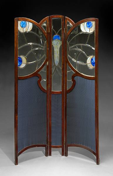 Appraisal: A Jugendstil leaded glass and stained oak three panel screen