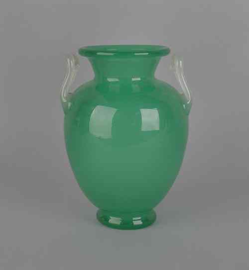 Appraisal: Steuben green jade glass vase with opaque handles signed on