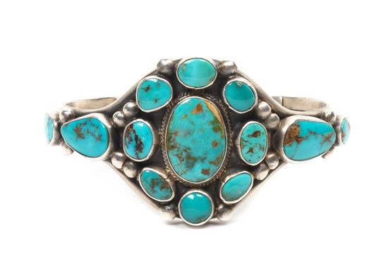 Appraisal: Sale Lot A Navajo Silver and Turquoise Cluster Bracelet Verdy