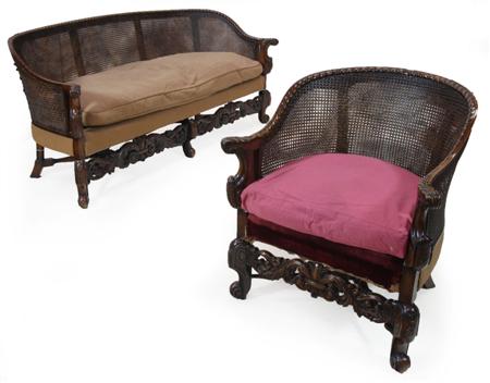 Appraisal: An Edwardian three piece mahogany framed bergere suite each with