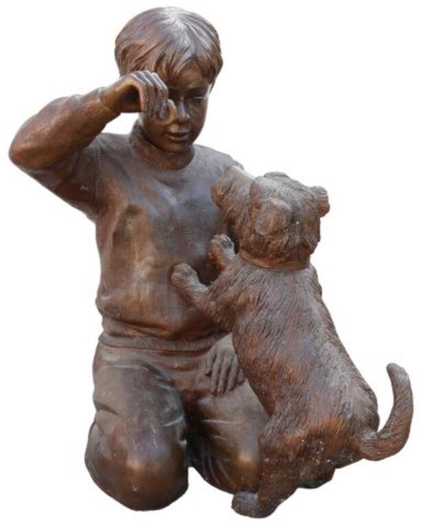 Appraisal: Patinated bronze sculpture Boy with Dog depicting a young boy