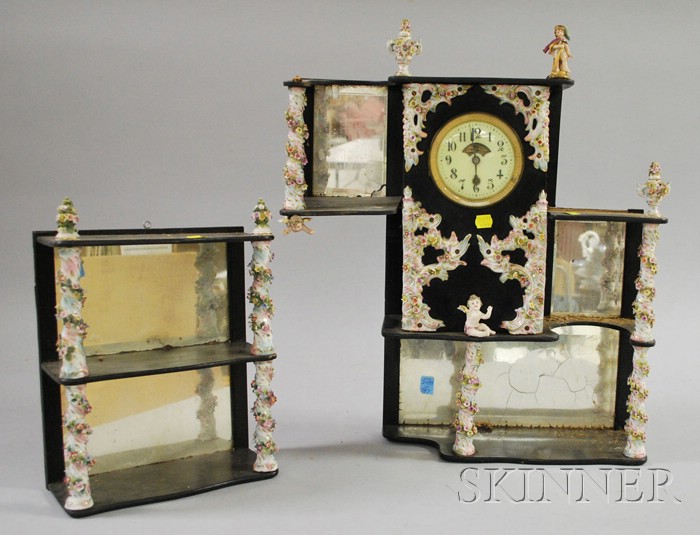 Appraisal: Encrusted Porcelain and Wood Shelf and Clock Attributed to the