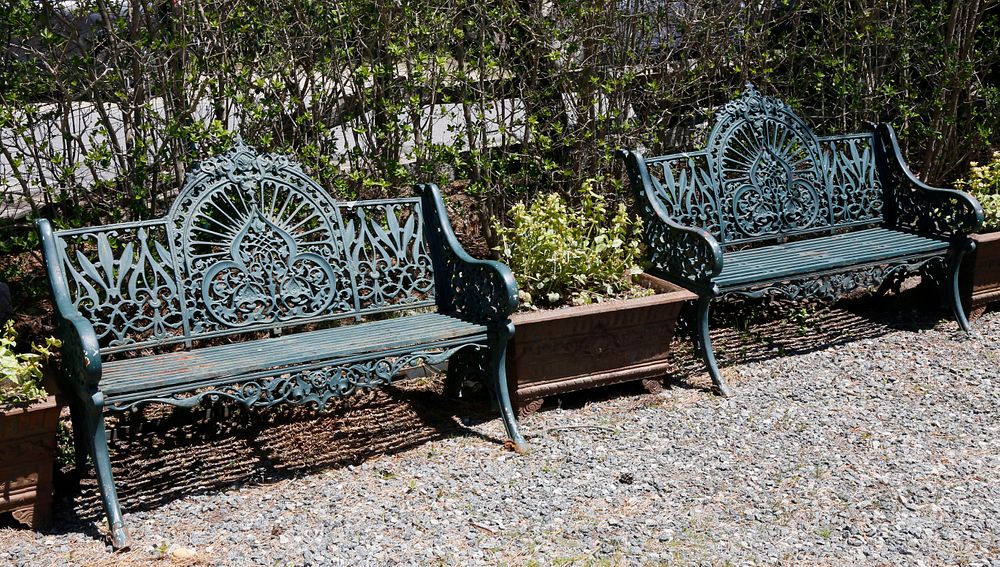 Appraisal: Pair of English Wrought Iron Royal Crown Garden Benches Pair