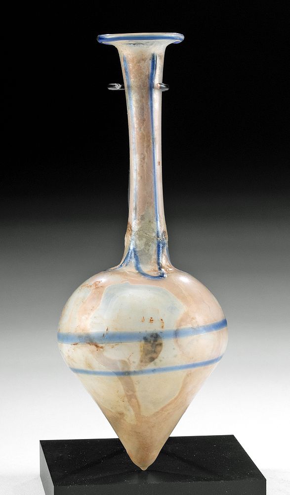 Appraisal: Rare Roman Glass Flask Applied Cobalt Blue Trailing Roman Imperial