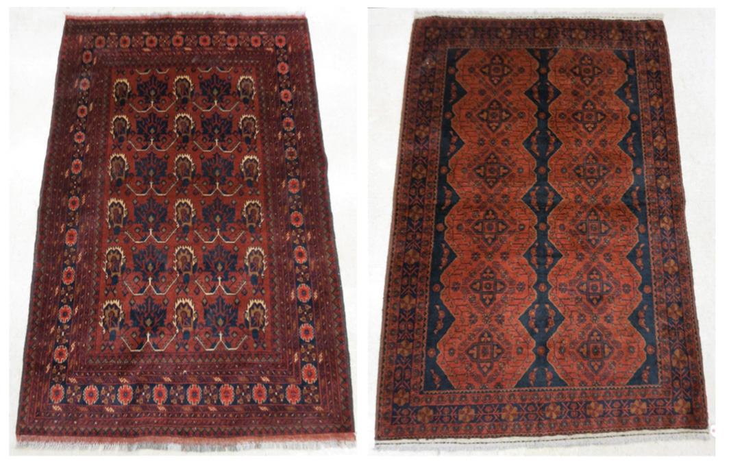 Appraisal: TWO AFGHAN TURKOMAN AREA RUGS both hand knotted ' x