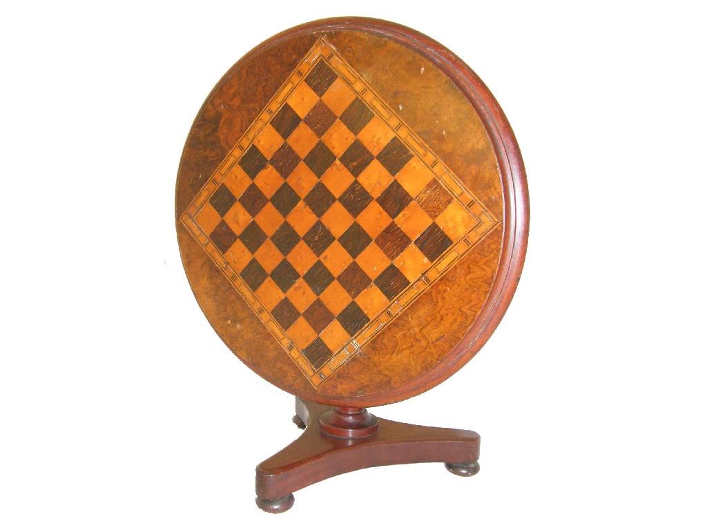 Appraisal: Apprentice Victorian style miniature burr walnut tilt-top circular games table