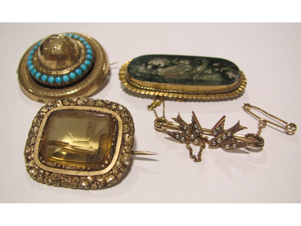 Appraisal: Lot comprising ct gold mounted moss agate oval shaped brooch