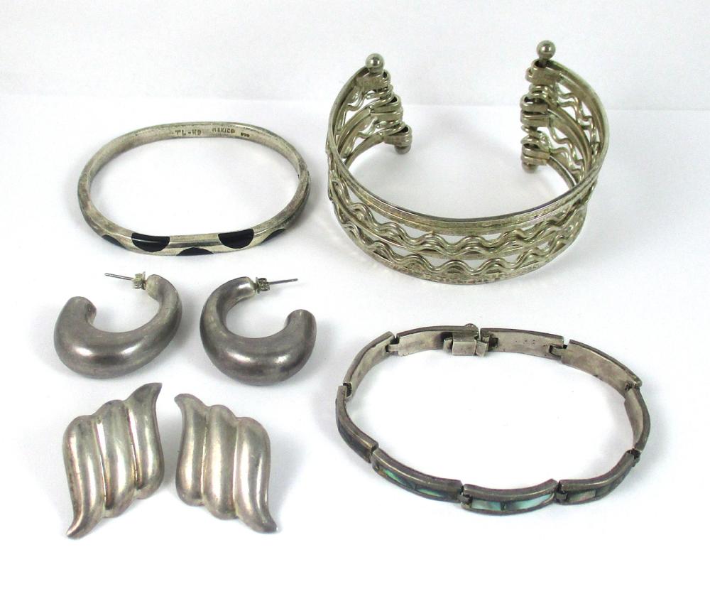 Appraisal: SEVEN ARTICLES OF MEXICO STERLING SILVER JEWELRY including a pair