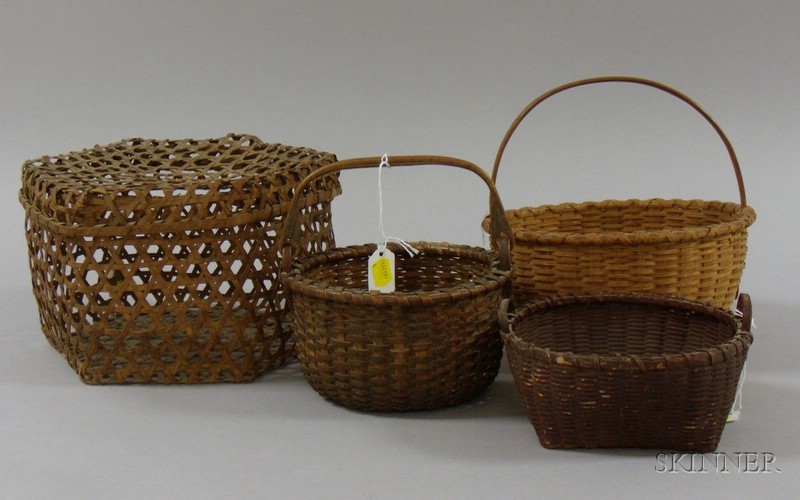 Appraisal: Three Small Woven Splint Open Baskets with Handles and a