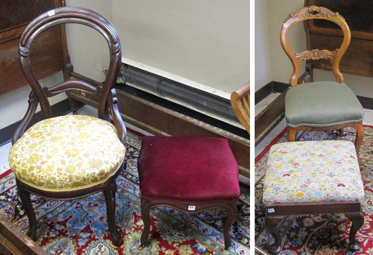 Appraisal: TWO VICTORIAN SIDE CHAIRS AND TWO FOOTSTOOLS two balloon-back chairs