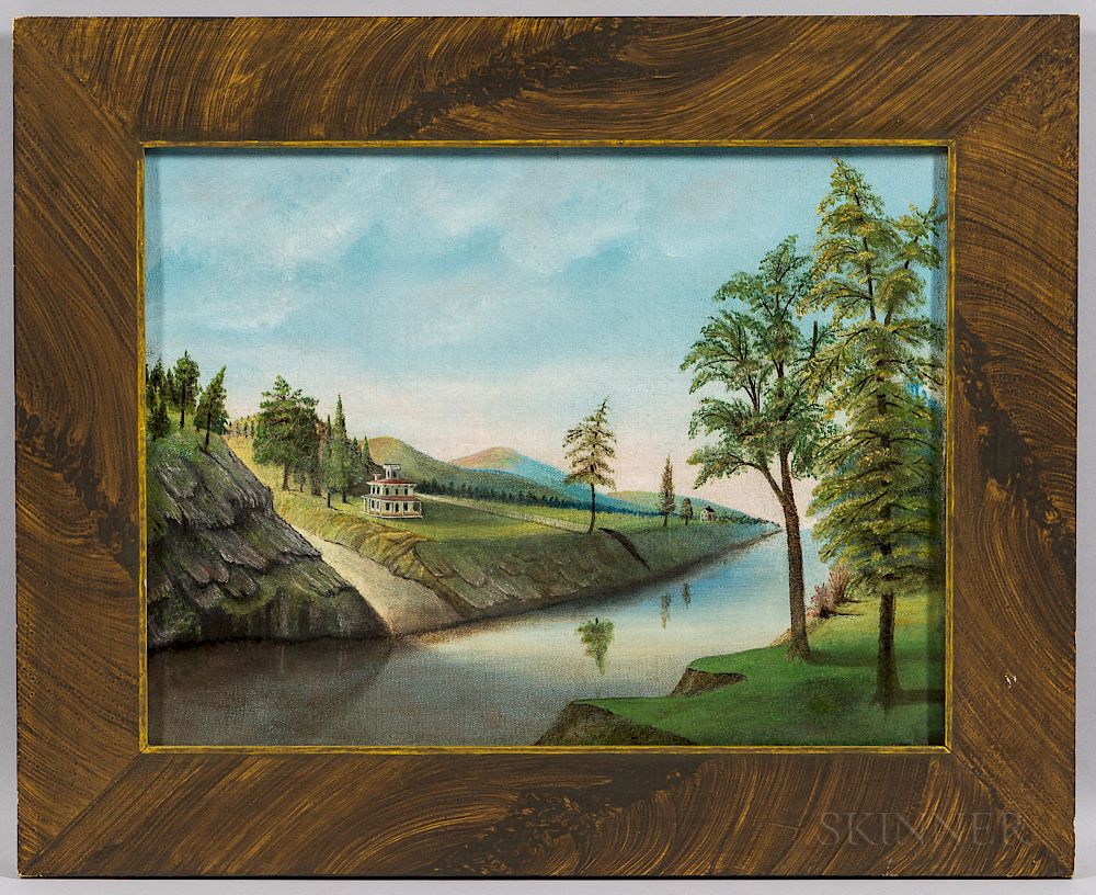 Appraisal: American School th Century River Scene with White House American