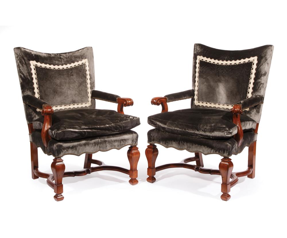 Appraisal: Pair of Louis XIV-Style Carved Walnut Fauteuils incurvate crest rail