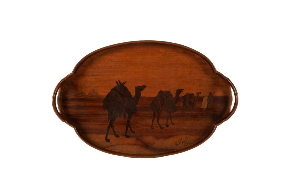 Appraisal: GALLE MARQUETRY TRAYsigned depicting camels Provenance The Estate of James