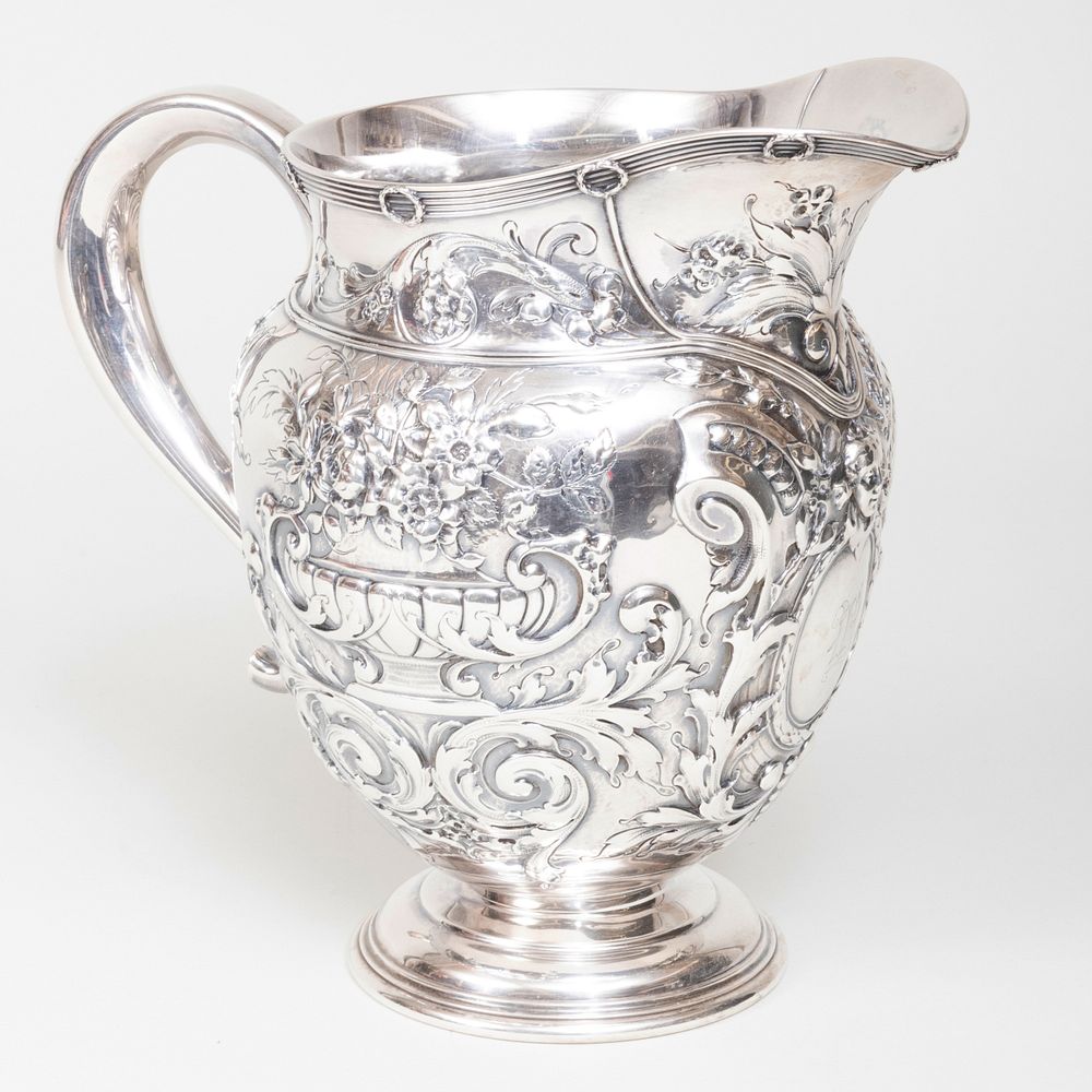 Appraisal: Large Gorham Silver Repouss Pitcher Marked 'Sterling' monogrammed in high