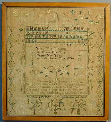 Appraisal: American silk on linen sampler wrought by Elizabeth Hunt c