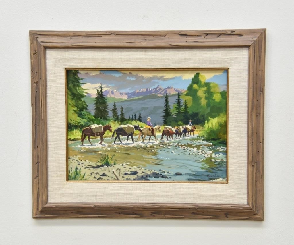 Appraisal: Arthur Renshaw acrylic on masonite landscape painting of pack horses