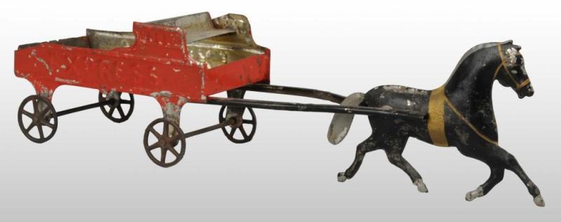 Appraisal: Tin Horse-Drawn Express Wagon Push Toy Description American Circa late