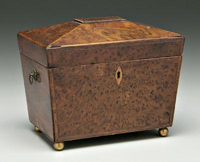 Appraisal: Burlwood tea caddy sarcophagus form with fine light and dark