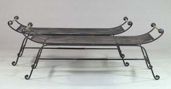 Appraisal: Pair of Cast-Iron and Metal-Slatted Conservatory Benches of modified klismos