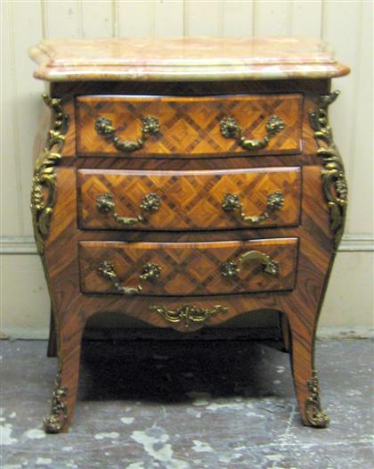 Appraisal: Rococo style marble top and parquetry petit commode H W