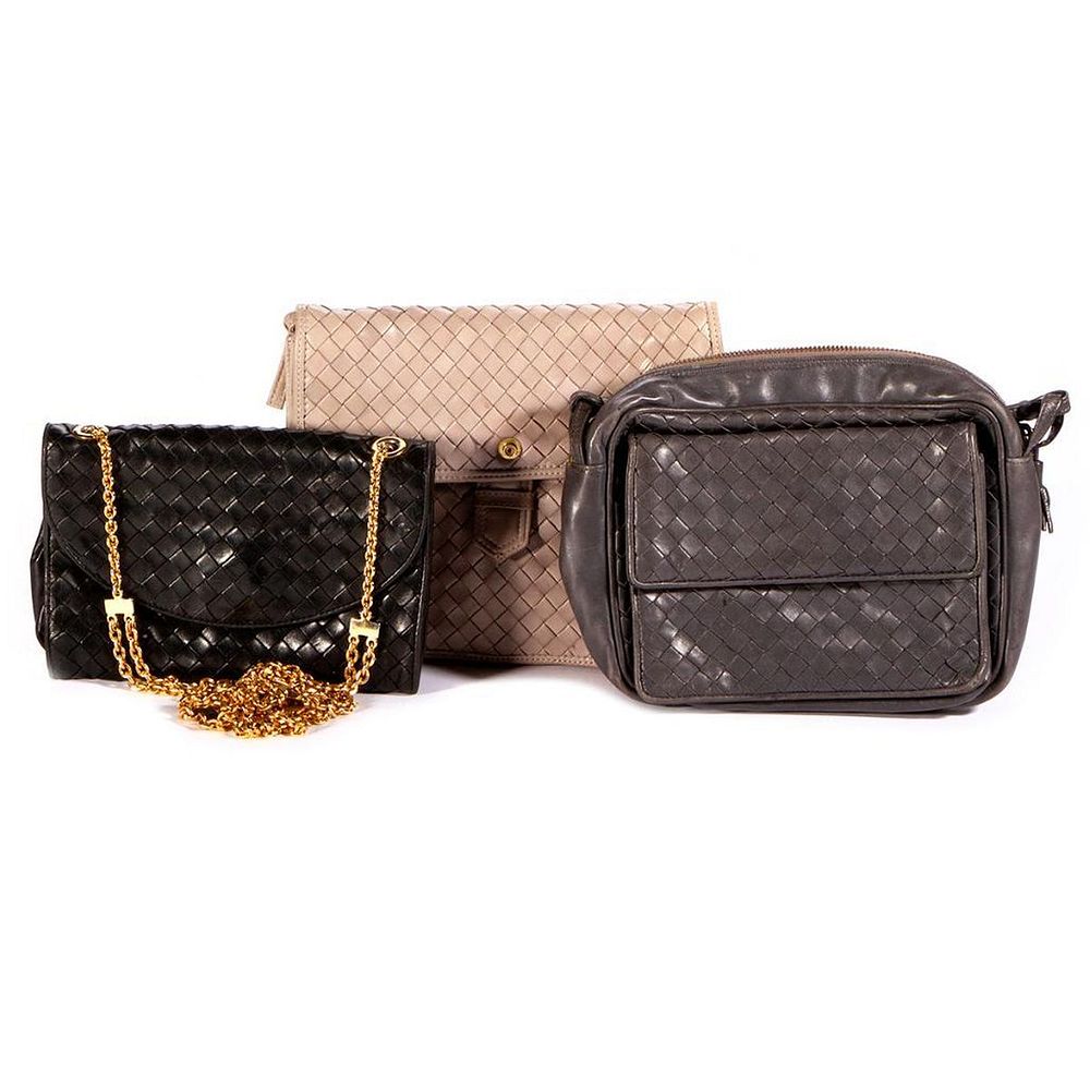 Appraisal: Three Bottega Veneta woven leather bags black and gray measuring