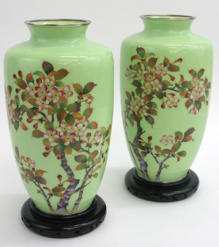 Appraisal: PAIR JAPANESE CLOISONNE ENAMEL VASES of jar-shape having flowering cherry