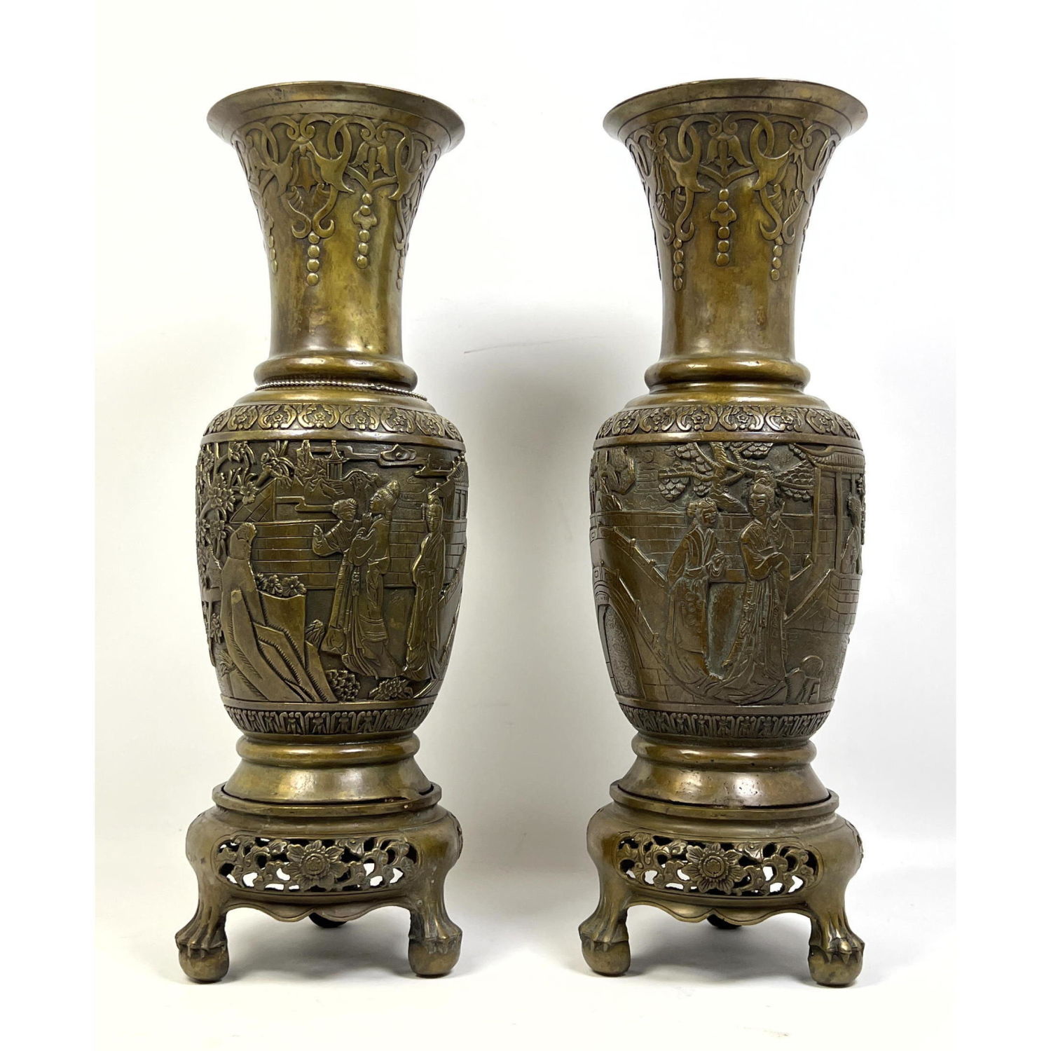 Appraisal: Pr Asian Brass Tall Long Neck Vases Relief design with