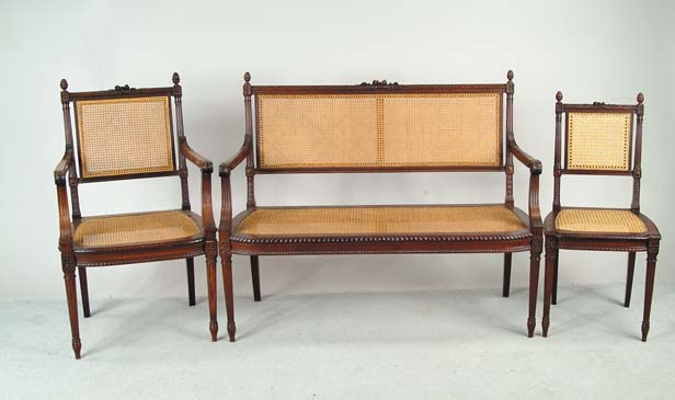 Appraisal: THREE PIECE FRENCH STYLE CANE SEAT AND CARVED MAHOGANY PARLOR