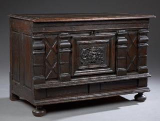 Appraisal: French Renaissance Revival Carved Oak Coffer th c the rectangular