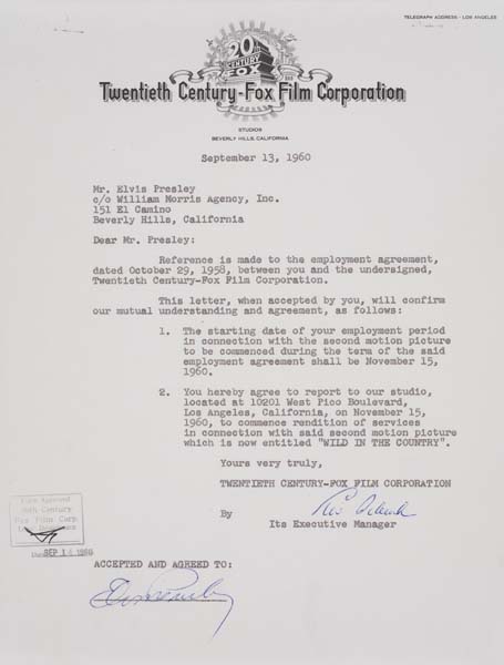 Appraisal: ELVIS PRESLEY Typed letter signed by Elvis confirming the starting