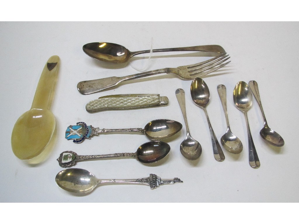 Appraisal: Lot comprising silver fork silver spoons bone spoon and a