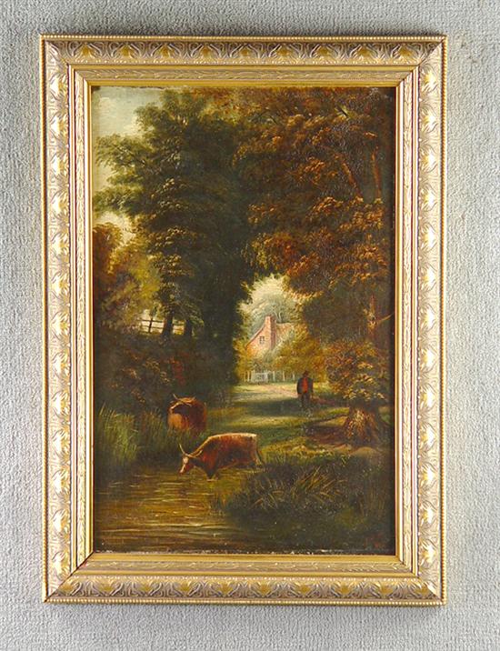 Appraisal: Oil on Canvas Longhorn cattle in stream with figure house