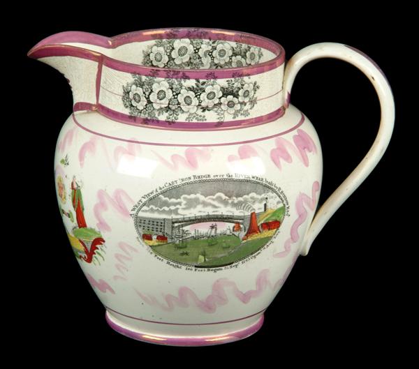 Appraisal: A large Masonic Sunderland pink lustre jug probably Southwick Pottery