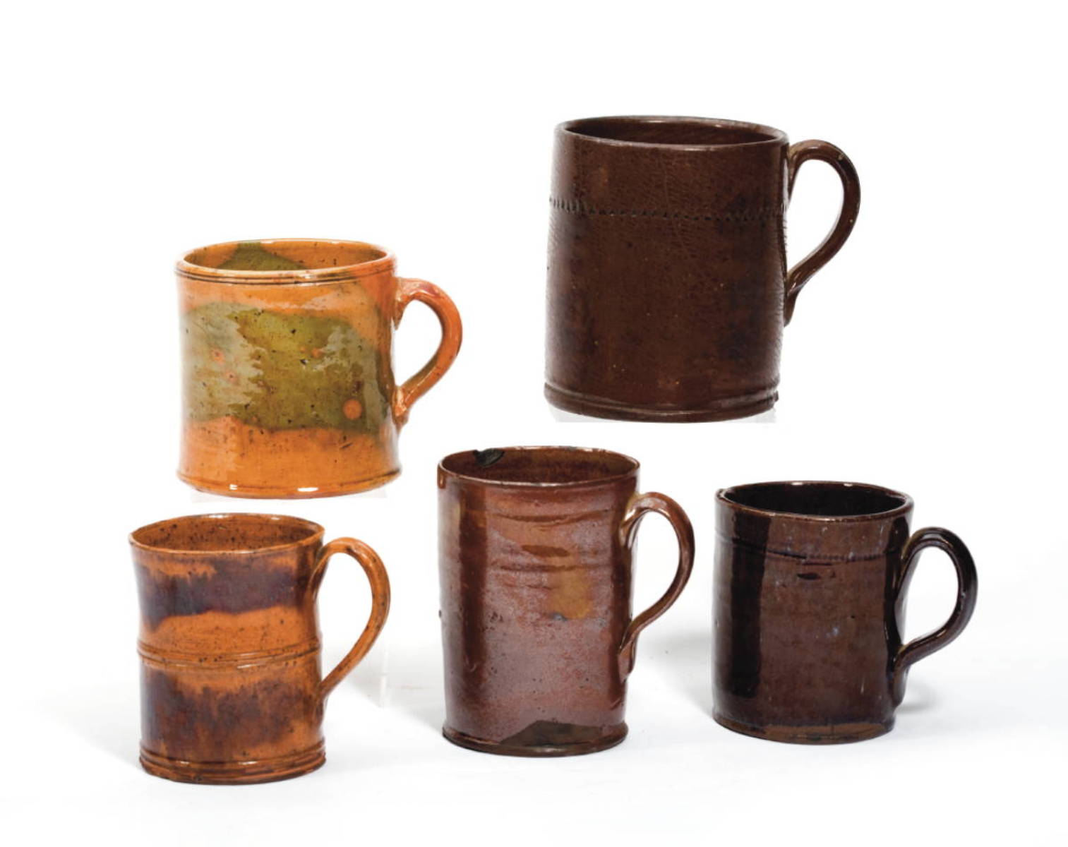 Appraisal: FIVE ENGLISH GLAZED REDWARE MUGS MID-EIGHTEENTH TO MID-NINETEENTH CENTURY Three