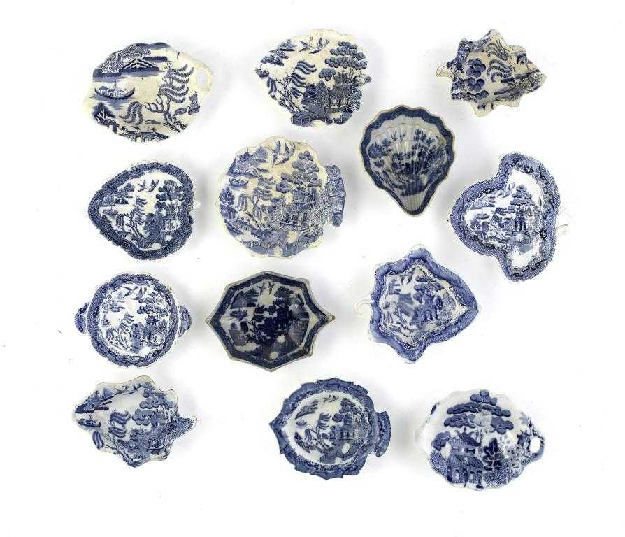 Appraisal: THIRTEEN BLUE PRINTED EARTHENWARE WILLOW PATTERN OR SIMILAR PICKLE DISHES